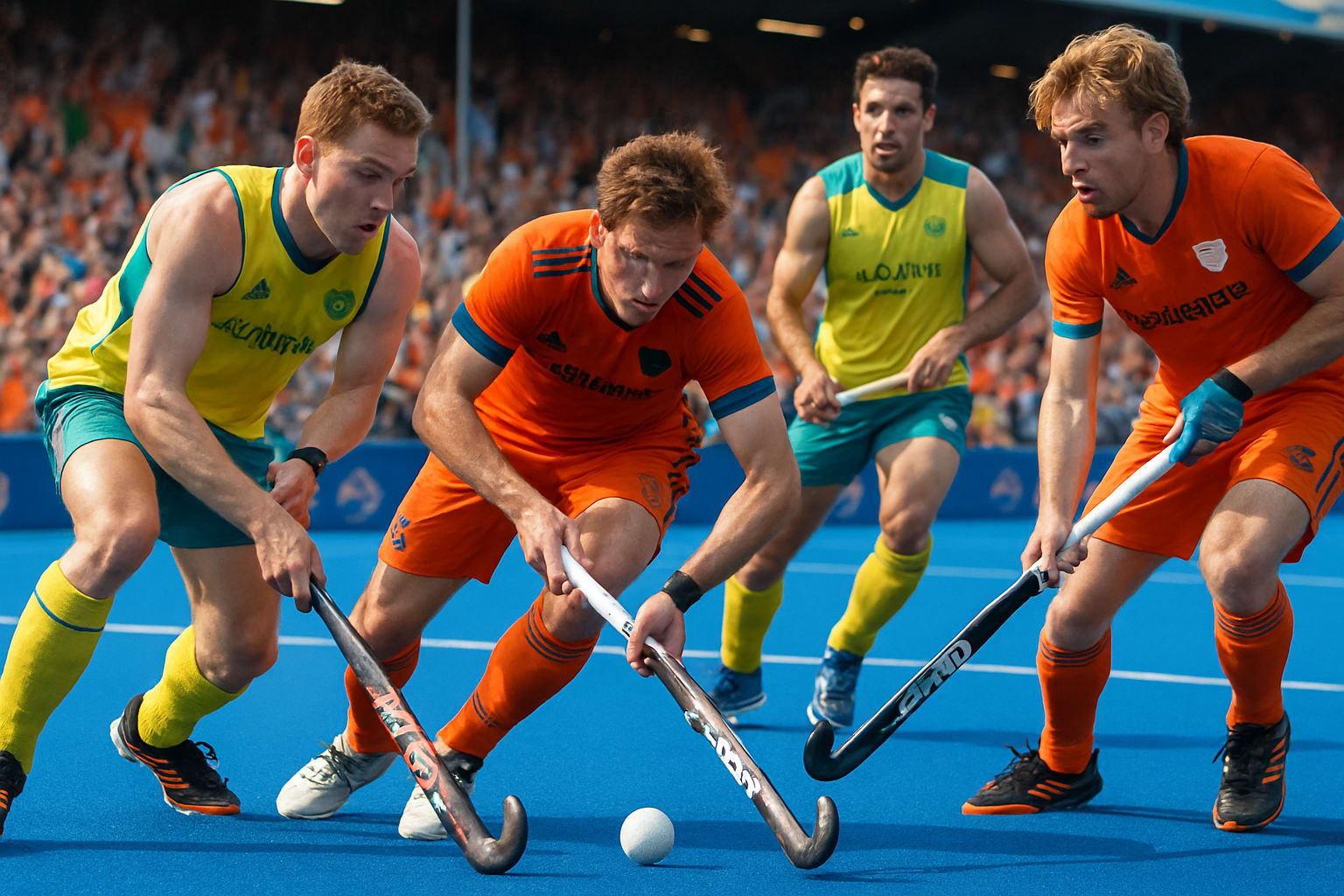 A dynamic hockey match between Australia and the Netherlands.