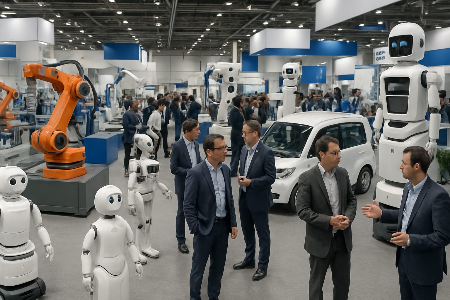 A vibrant robotics exhibition showcasing various robotic technologies in Beijing.