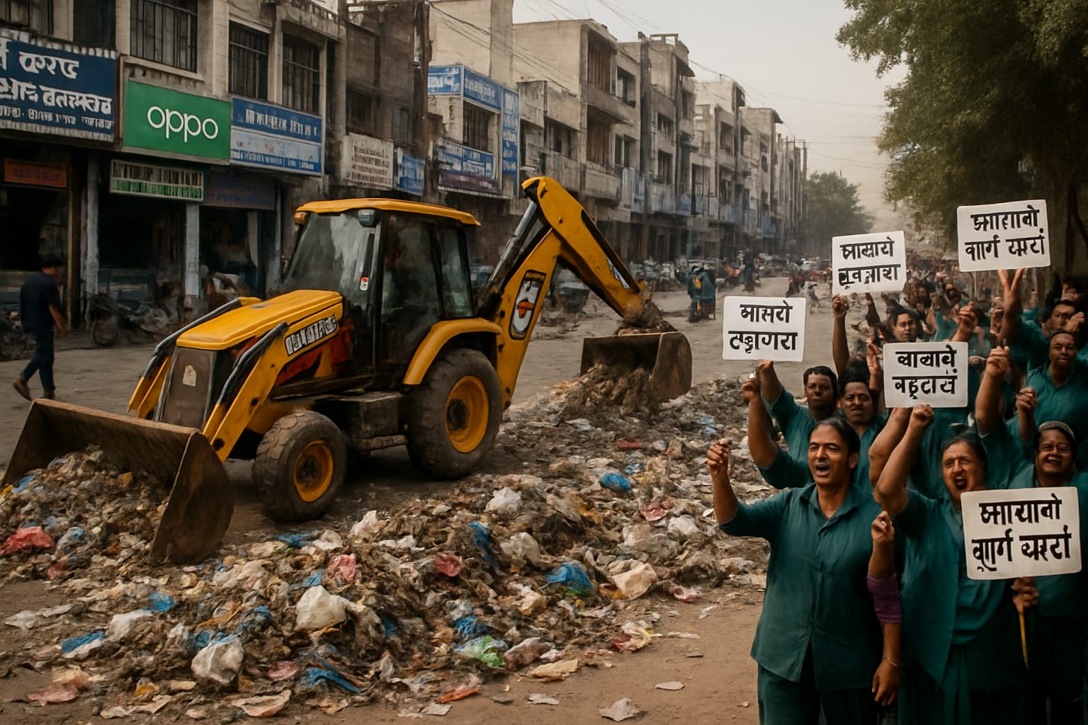 JCB machinery clearing trash in a city street during sanitation workers' protest.