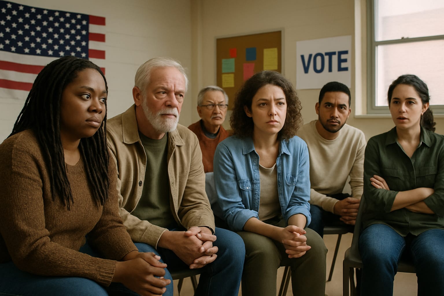 A diverse group of people discussing politics in a community setting.
