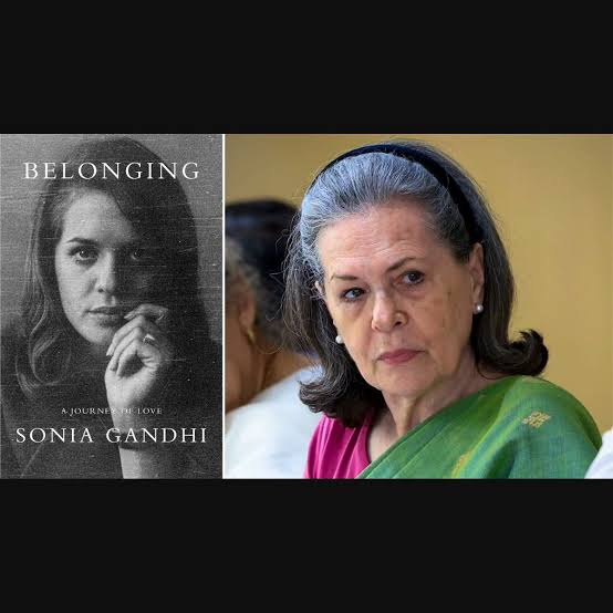 Cover image of Sonia Gandhi's memoir with a backdrop of Indian politics.
