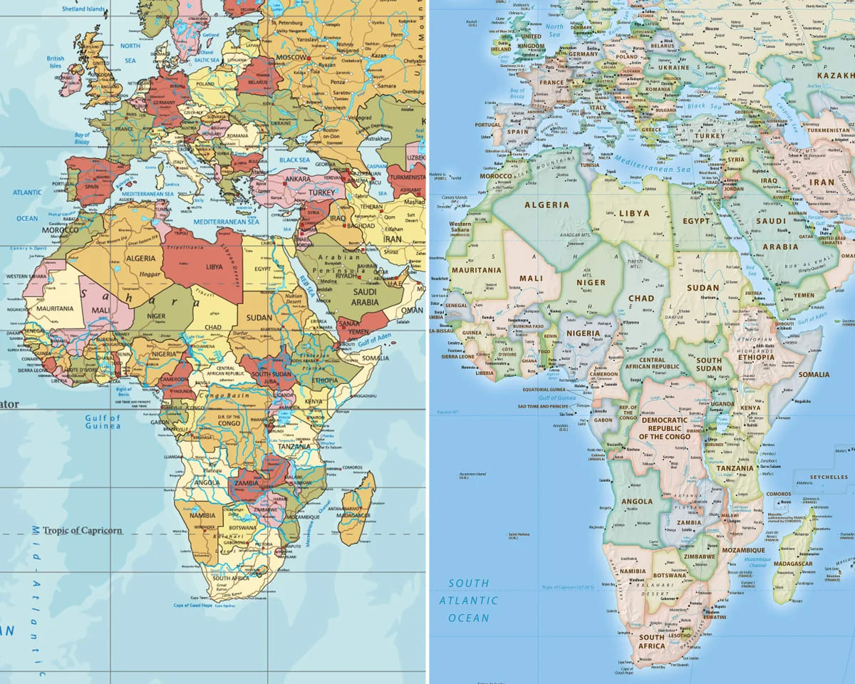 A modern world map showcasing Africa's true size and geographical features.