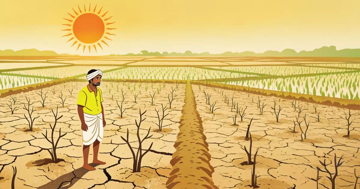 A farmer examining crops in a field affected by drought conditions.