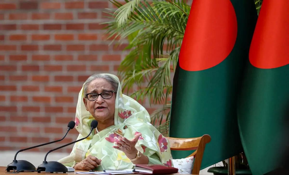 Sheikh Hasina addressing a crowd in Bangladesh.