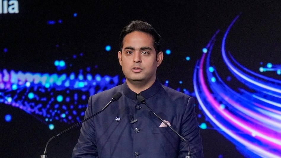Akash Ambani at a press conference regarding Jio's IPO plans.
