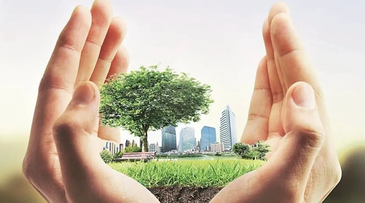 A vibrant urban park with lush greenery and a serene lake.