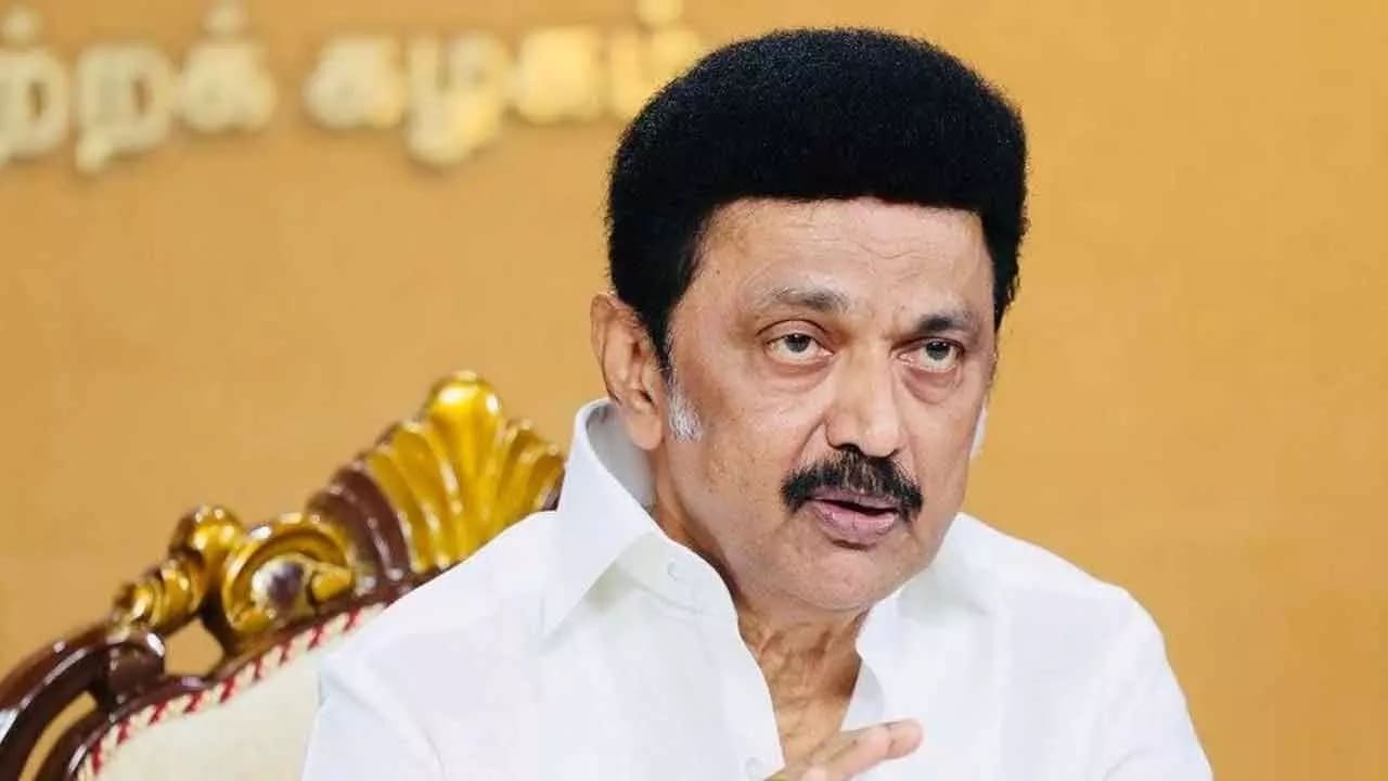 M.K. Stalin addressing a press conference about political issues.