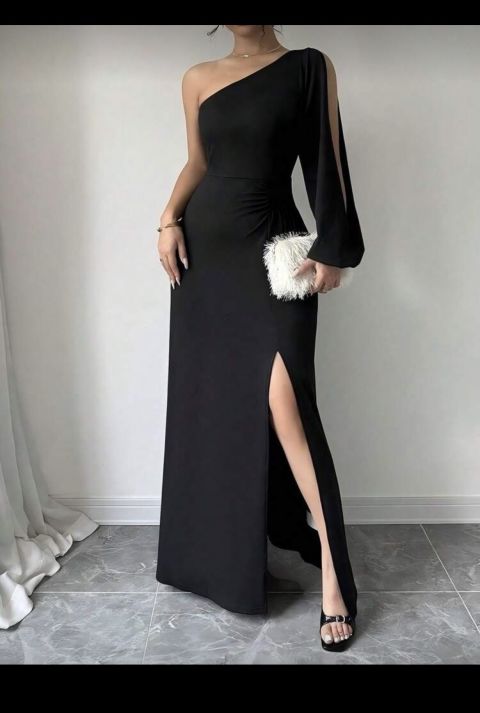 Vestido Largo Negro de Una Sola Manga