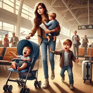 Solo Mom Traveling with Kids - Airport Chaos & Parenting Struggles Stressed mother traveling alone with two toddlers at a busy airport
