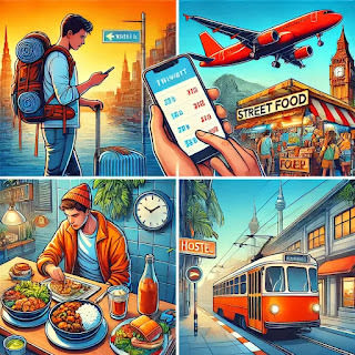 Ultimate Budget Travel Hacks – Finding Cheap Flights & Saving Money A traveler checking flight deals on a smartphone, with scenes of budget travel tips including street food, hostels, and public transport.