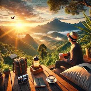 How Travel Boosts Personal Growth – A Scenic Mountain Escape A traveler enjoying a scenic sunrise over misty mountains, sitting on a wooden deck with a cup of coffee, a camera, and travel essentials beside them.