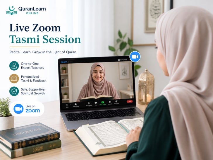 Live Zoom-style video session for guided Tasmi between learner and instructor
