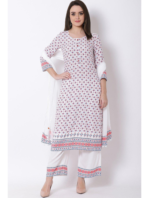 Rangriti Off White Printed Kurta Pant Set With Dupatta Price in India