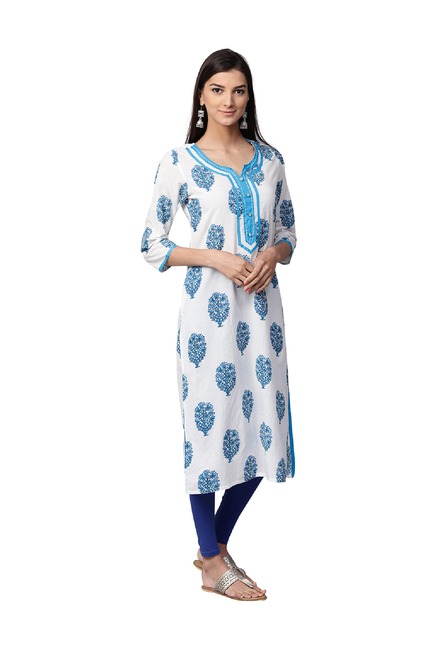 Jaipur Kurti White & Blue Printed Cotton Kurta Price in India