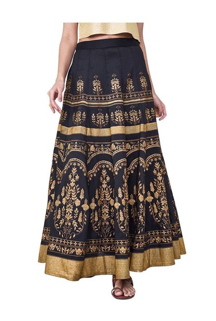 Global Desi Black Floral Print Maxi Skirt Price in India