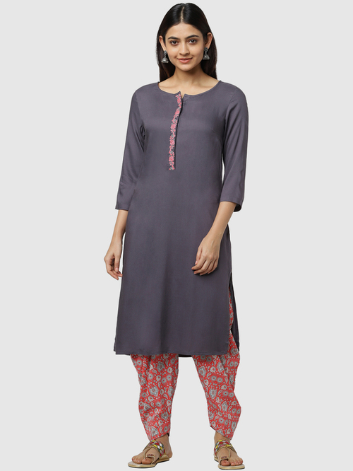 Naari Grey Embroidered Straight Kurta Price in India