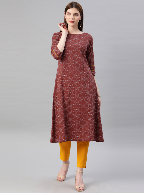 Jaipur Kurti Brown & Mustard Cotton Printed Kurta Pant Set Price in India