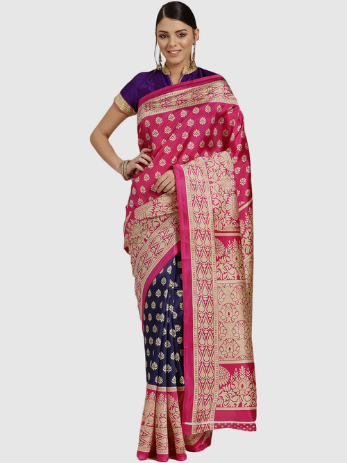 Chhabra 555 Pink & Navy Printed Saree With Blouse Price in India