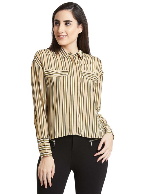 Cover Story Beige & Olive Green Striped Shirt Price in India