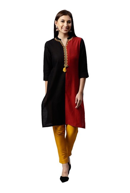 Juniper Black & Red Embroidered Cotton Paneled Kurta Price in India