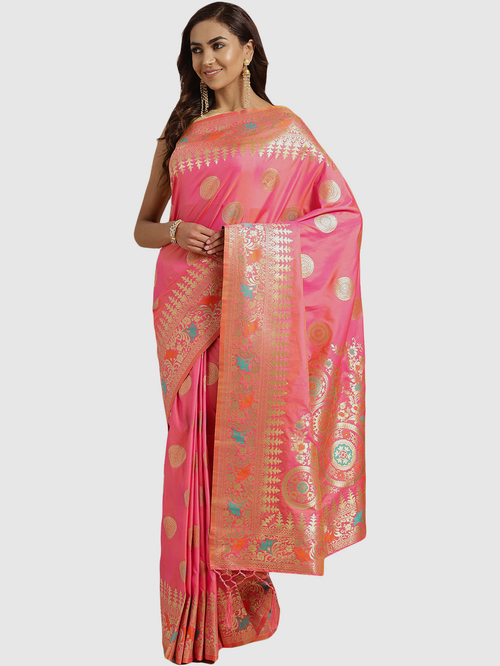 Chhabra 555 Pink Woven Banarasi Saree With Blouse Price in India