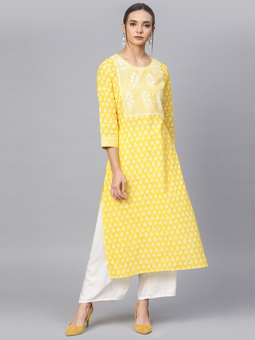 Varanga Yellow Floral Print Straight Kurti Price in India