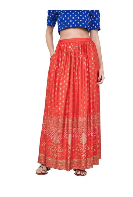 Global Desi Red Printed Maxi Skirt Price in India