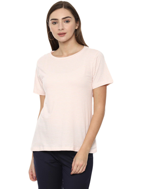 Van Heusen Peach & Off-White Cotton Striped T-Shirt Price in India