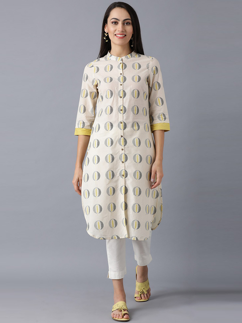 W Beige Cotton Printed Straight Kurta Price in India