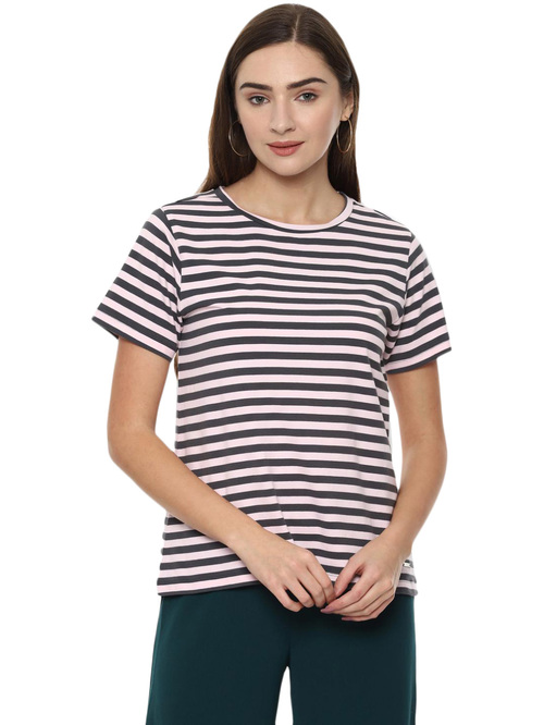 Van Heusen Grey & Pink Cotton Striped T-Shirt Price in India