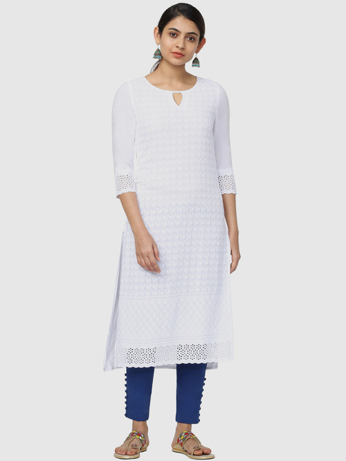 Naari White Embroidered Straight Kurta Price in India