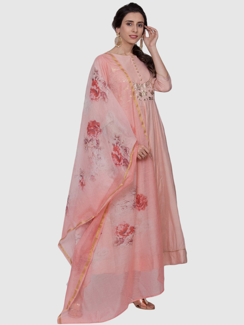 Biba Peach Printed Kurta Churidar Set With Dupatta Price in India