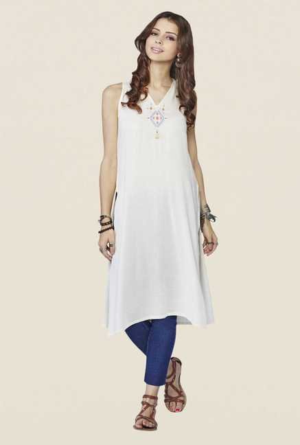 Global Desi Off-white Solid Sleeveless Kurta Price in India