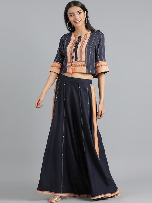 W Navy Woven Pattern Crop Top Palazzo Set Price in India