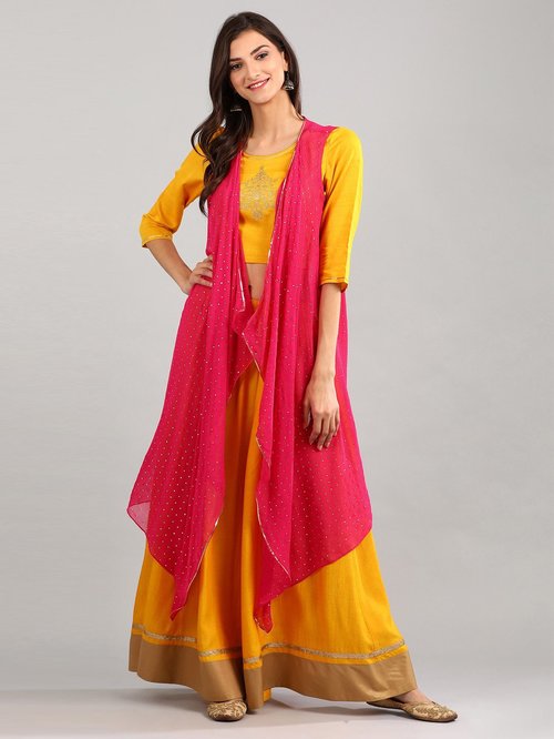 Aurelia Yellow & Pink Embroidered Crop Top Skirt Set With Gilet Price in India