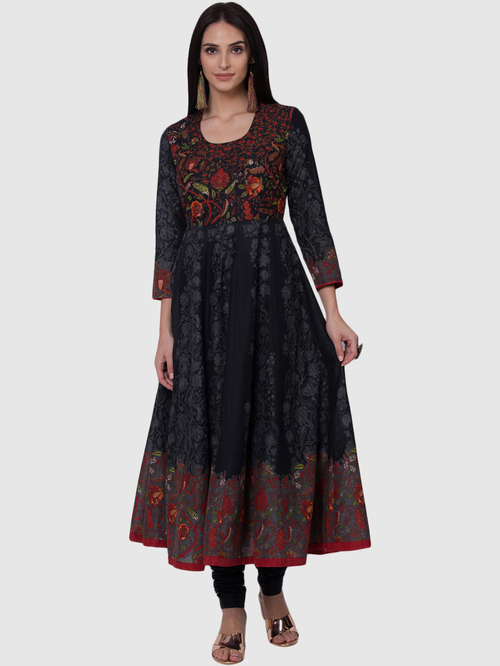 Biba Black Cotton Printed Kurta Churidar Set With Dupatta Price in India