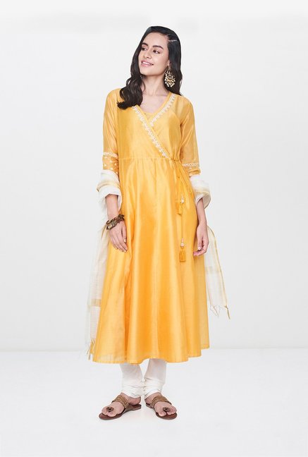 Global Desi Mustard Embroidered Kurta With Dupatta & Churidar Price in India