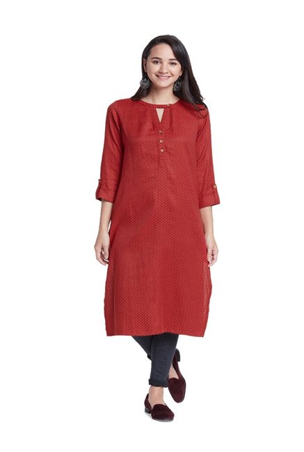 Global Desi Maroon Textured Polyester Kurta Price in India