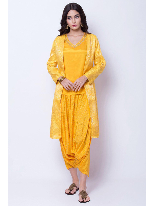 Rangriti Yellow Printed Top Dhoti Set With Shrug Price in India