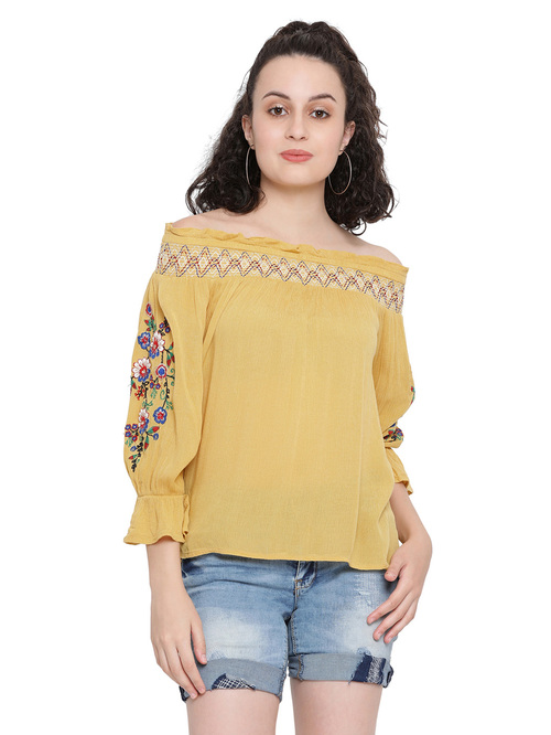 Oxolloxo Yellow Sunset Dewy Cold Shoulder Embro Top Price in India