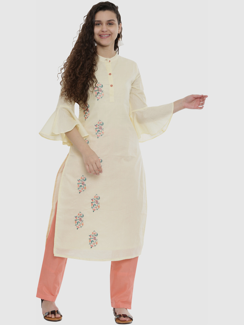 Mimosa Cream & Peach Cotton Embroidered Kurta Pant Set Price in India