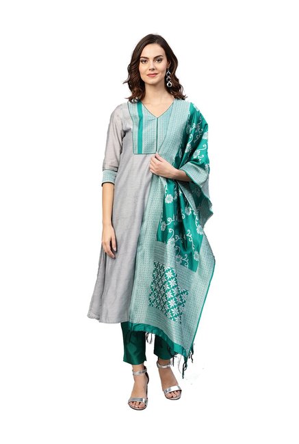 Jaipur Kurti Grey & Green 3/4th Sleeves Suit Sets Price in India