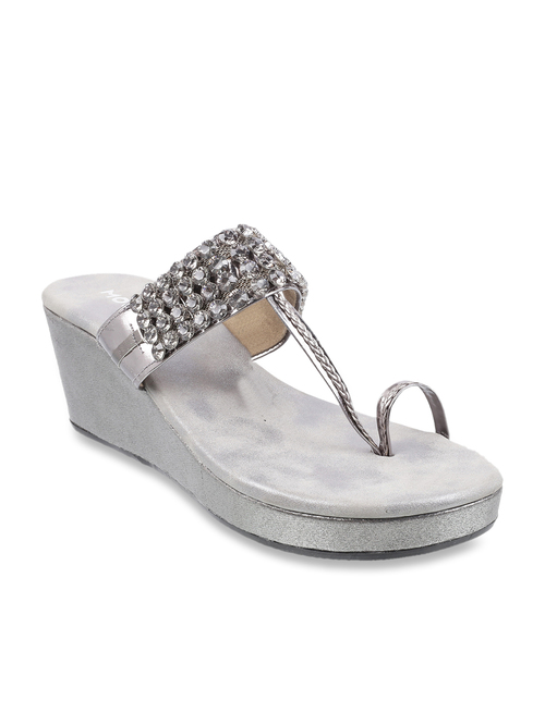 Mochi Gun Metal Toe Ring Wedges Price in India