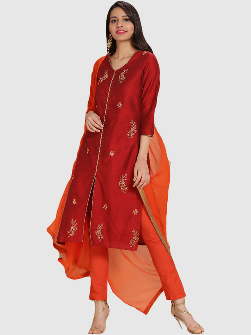 Imara Maroon & Orange Embroidered Kurta Pant Set With Dupatta Price in India