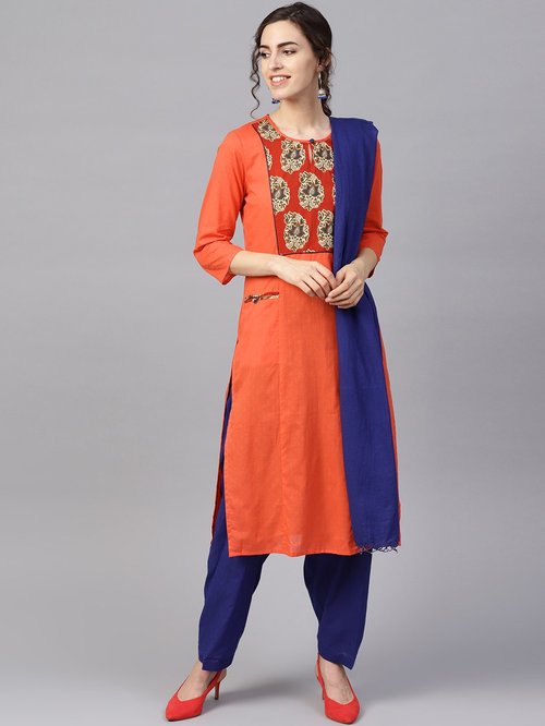 Jaipur Kurti Coral & Navy Cotton Floral Print Suit Set Price in India