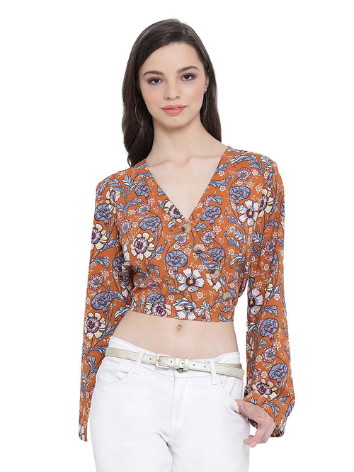 Oxolloxo Orange Floral Tonal Letty Top Price in India