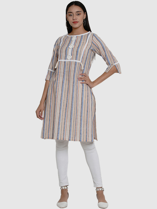 Bhama Couture Beige Cotton Striped Straight Kurta Price in India