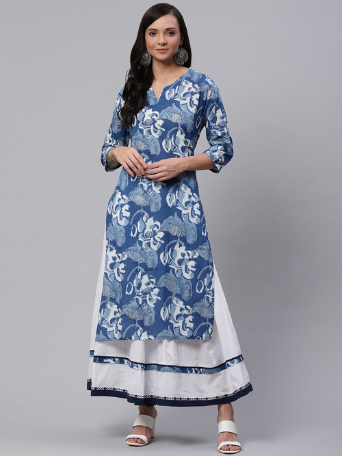Divena Blue & White Cotton Printed Kurta Skirt Set Price in India