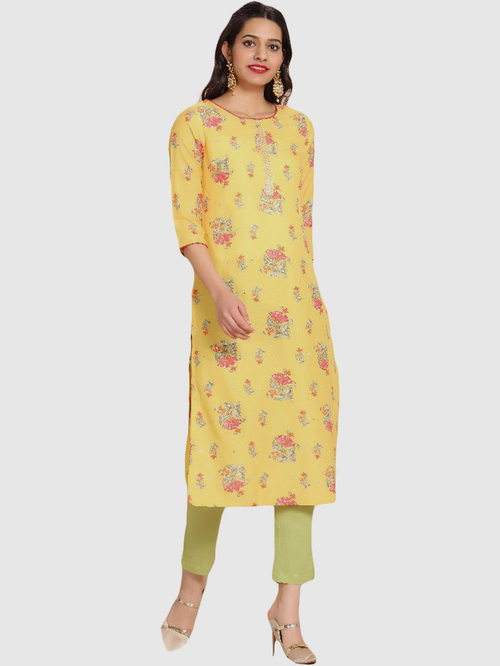 Imara Yellow & Green Cotton Floral Print Kurta Pant Set With Dupatta Price in India