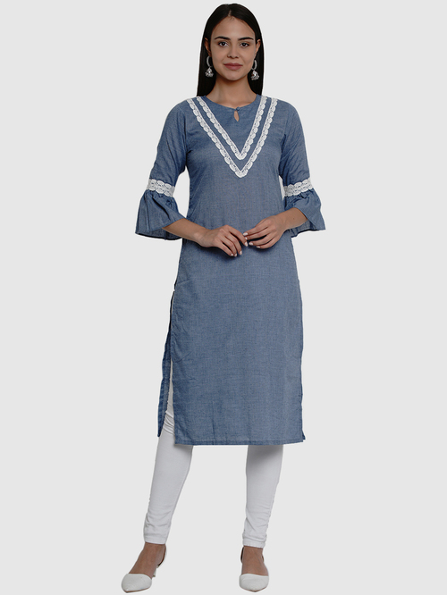 Bhama Couture Powder Blue Cotton Embroidered Straight Kurta Price in India